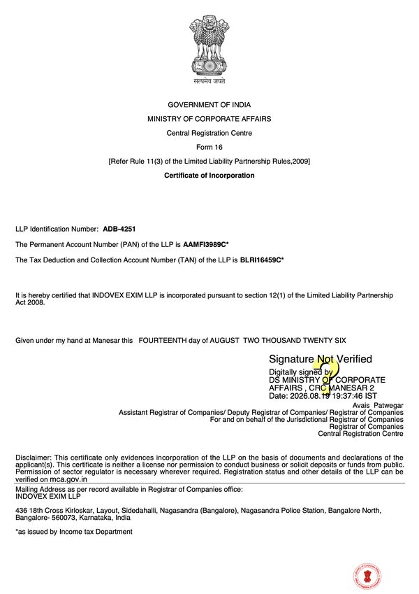 Preview of the Certificate of Incorporation of INDOVEX EXIM LLP