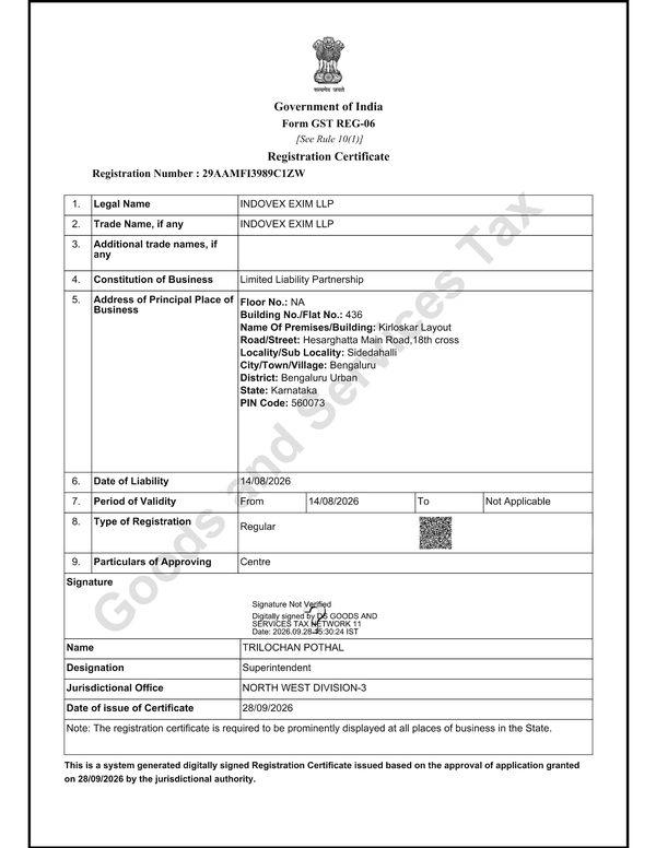 Preview of the GST Registration Certificate of INDOVEX EXIM LLP