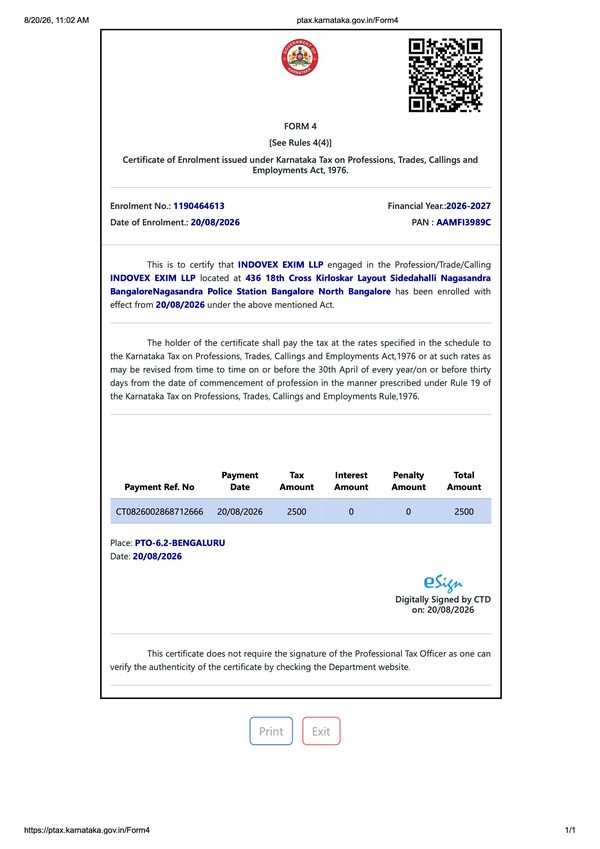 Preview of the Professional Tax Enrolment of INDOVEX EXIM LLP